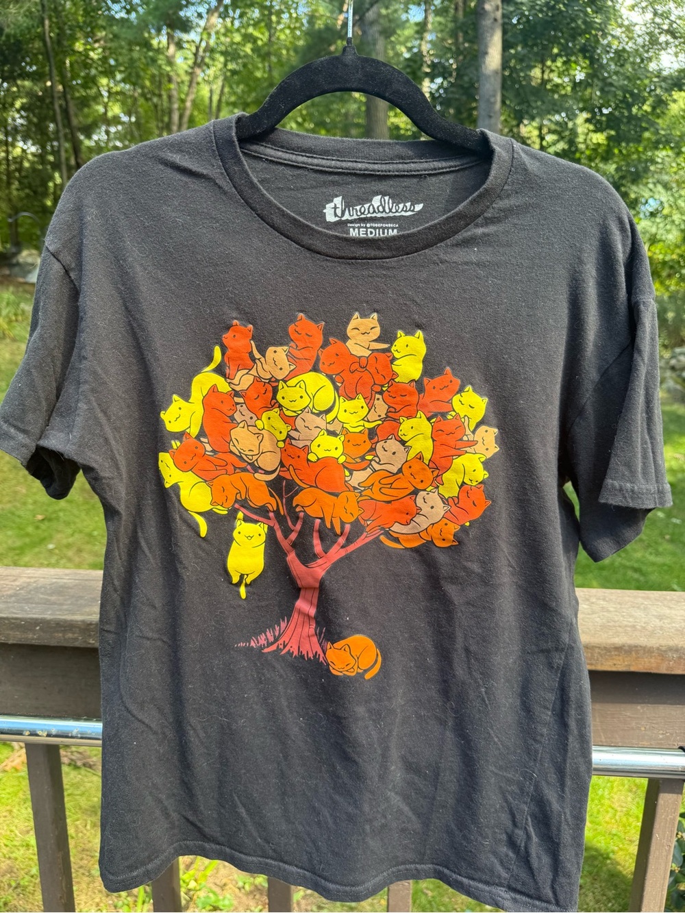 Threadless Black Tee with Yellow, Orange, Red and Tan Cat-Tree Graphic